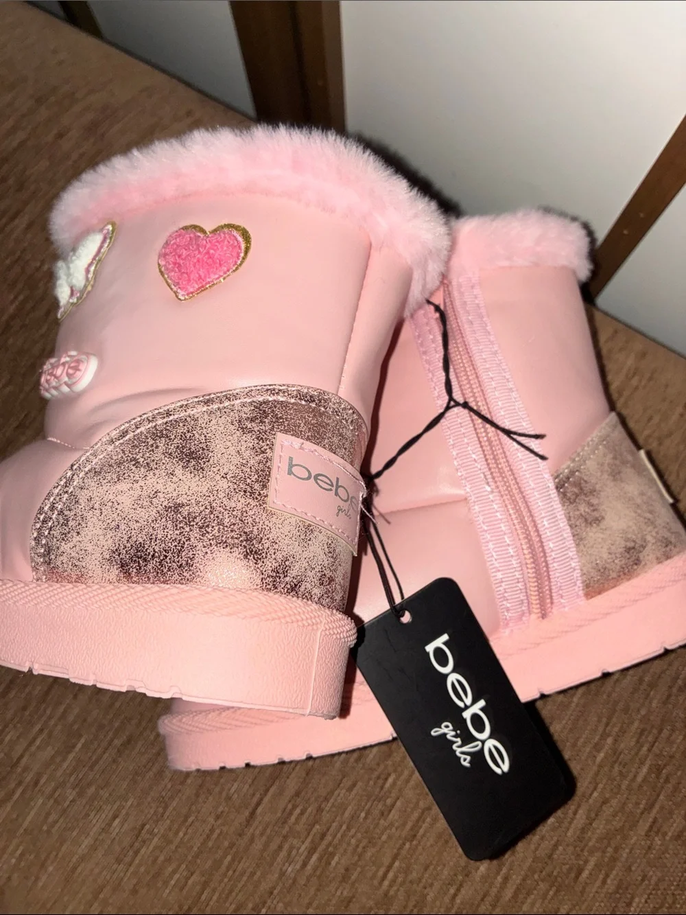 bebe Pink Faux-Fur Trim Butterfly Boots